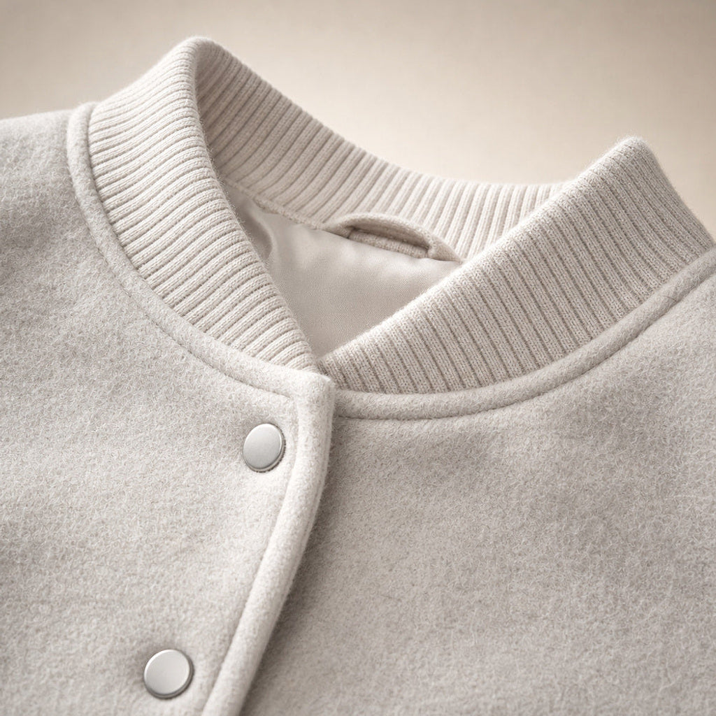 Kreszentia | Cropped Bouclé-Jacke mit Knopfleiste Beige – Stoff- und Detailaufnahme