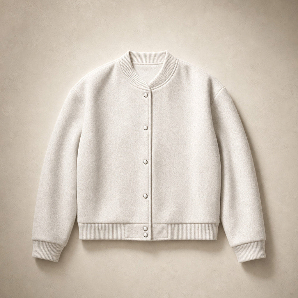 Kreszentia | Cropped Bouclé-Jacke mit Knopfleiste Beige – Flatlay-Produktfoto