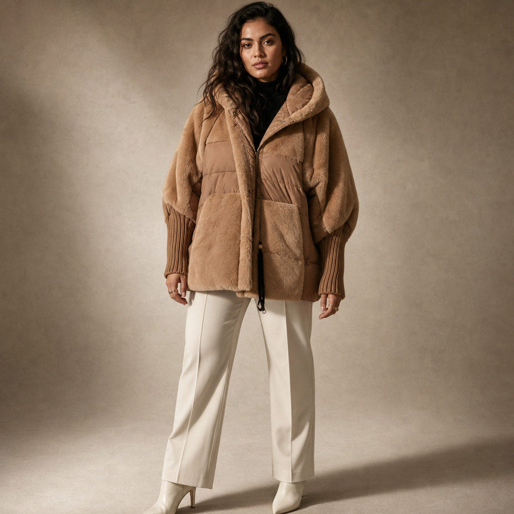 Krimhilde | Steppjacke mit Kapuze und Patchwork-Steppung in Braun – Premium Editorial