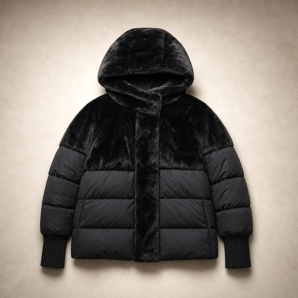 Krimhilde | Steppjacke mit Kapuze und Patchwork-Steppung Schwarz – Flatlay-Produktfoto