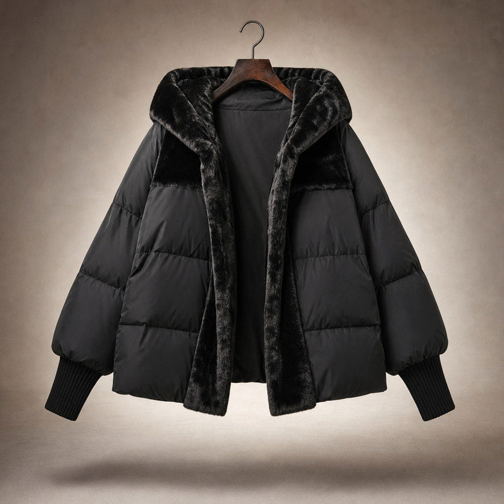 Krimhilde | Steppjacke mit Kapuze und Patchwork-Steppung Schwarz – Produktfoto