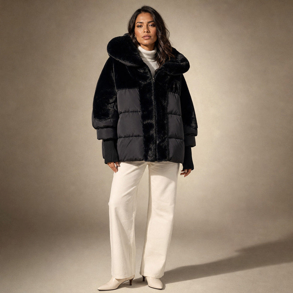 Krimhilde | Steppjacke mit Kapuze und Patchwork-Steppung in Schwarz – Premium Editorial