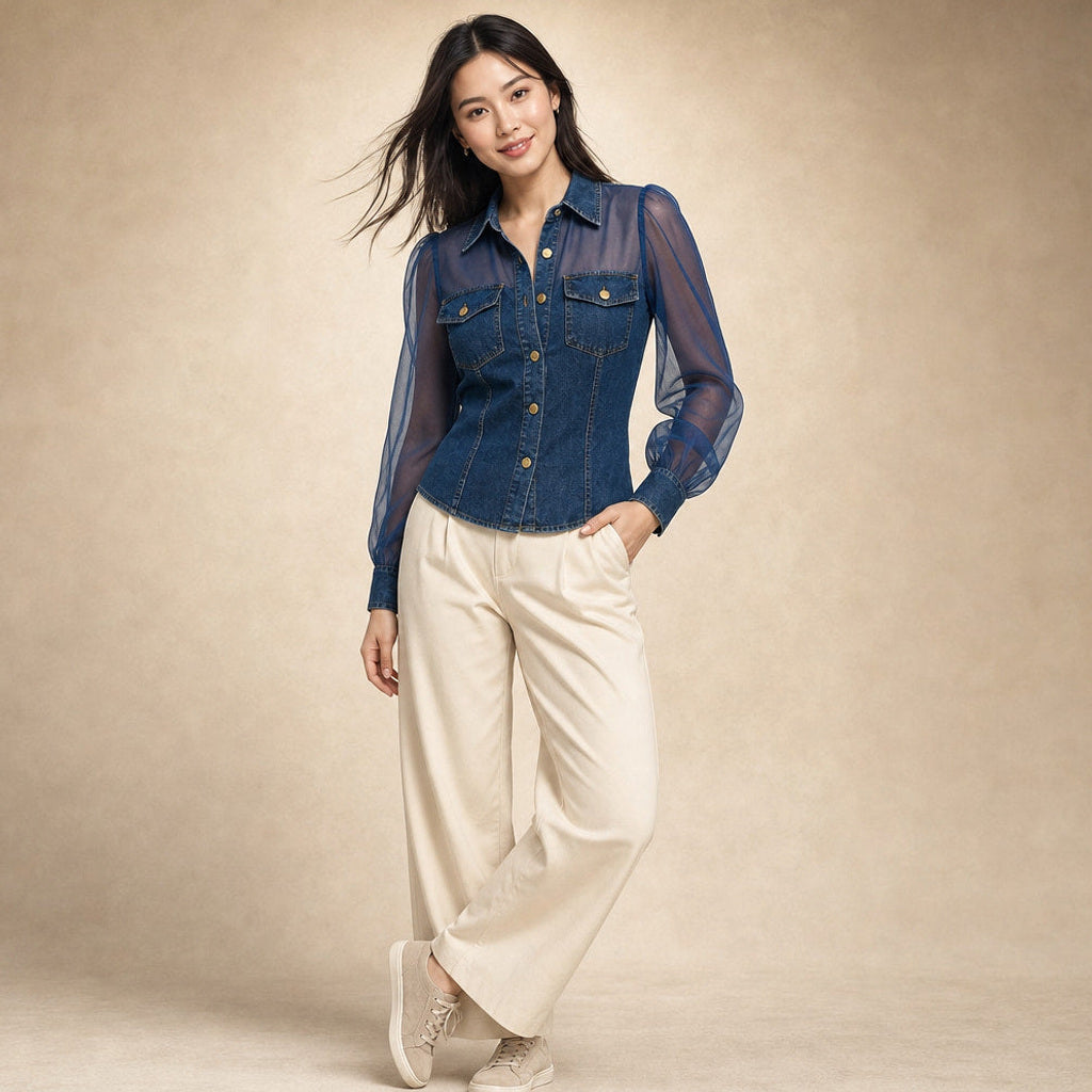 Lambertine | Corsagen-Top in Denim-Optik mit Formnähten Dunkelblau – Seitenansicht
