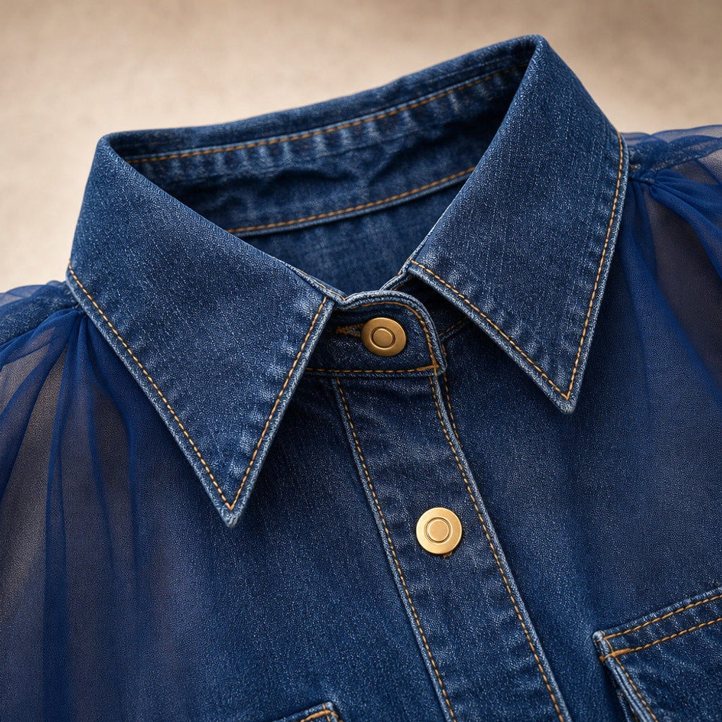 Lambertine | Corsagen-Top in Denim-Optik mit Formnähten Dunkelblau – Stoff- und Detailaufnahme