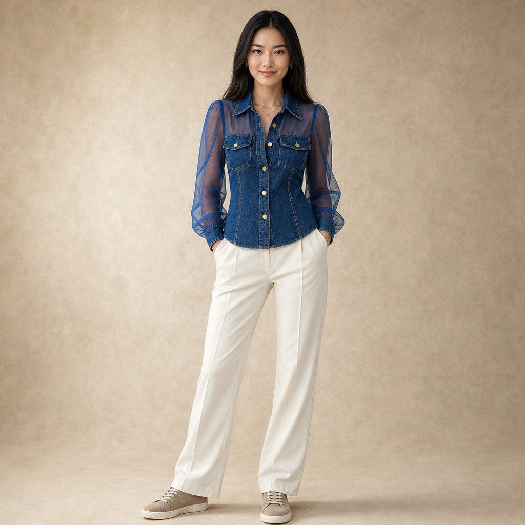 Lambertine | Corsagen-Top in Denim-Optik mit Formnähten Dunkelblau – Gesamtlook