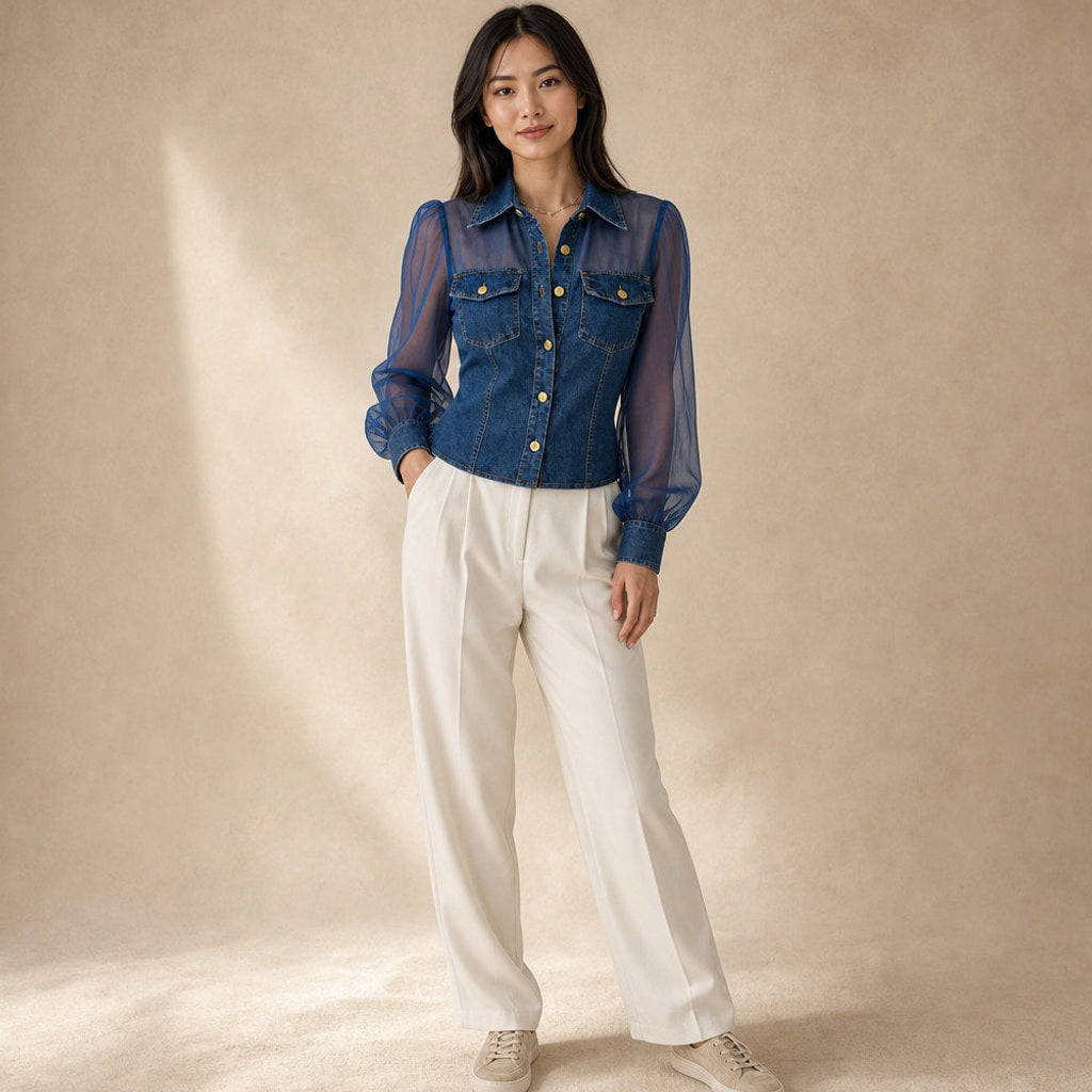 Lambertine | Corsagen-Top in Denim-Optik mit Formnähten Dunkelblau – Produktfoto