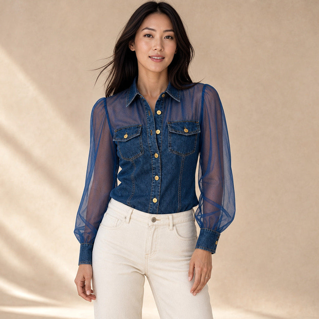 Lambertine | Corsagen-Top in Denim-Optik mit Formnähten in Dunkelblau – Premium Editorial