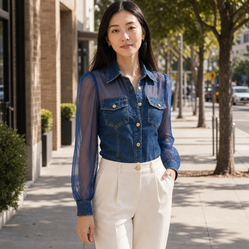 Lambertine | Corsagen-Top in Denim-Optik mit Formnähten Dunkelblau – Gestyltes Editorial-Foto