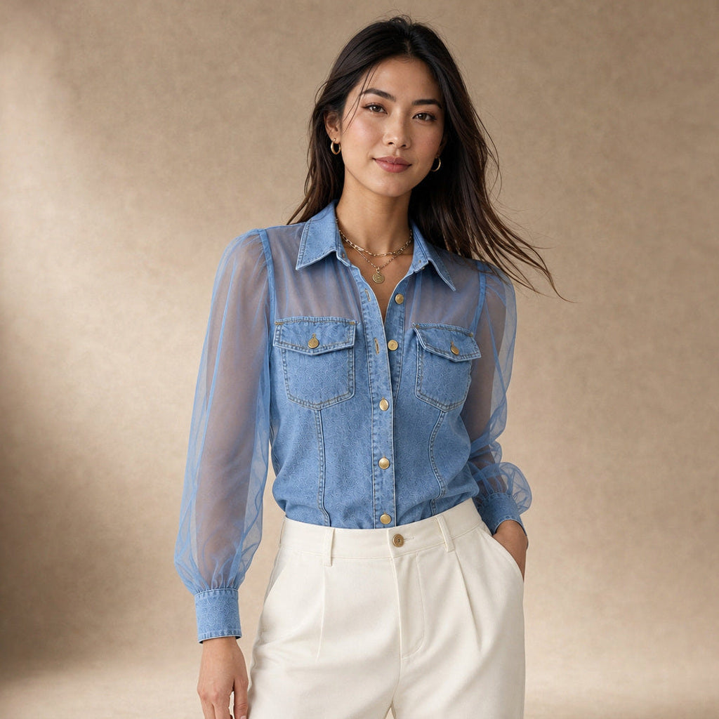 Lambertine | Corsagen-Top in Denim-Optik mit Formnähten Hellblau – Produktfoto