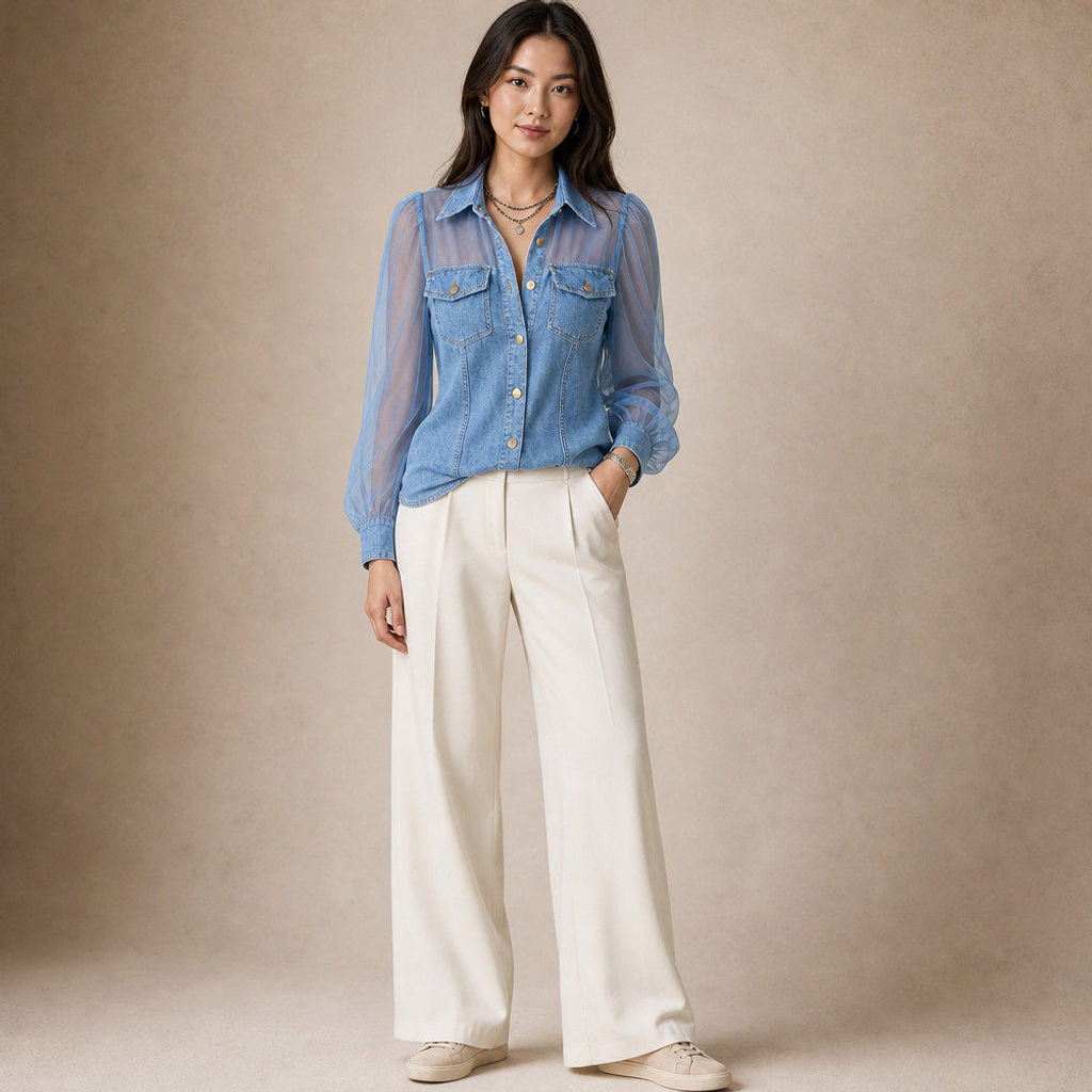 Lambertine | Corsagen-Top in Denim-Optik mit Formnähten in Hellblau – Premium Editorial