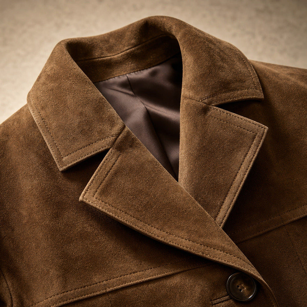 Leokade | Kurzer Trenchcoat mit breitem Revers Braun Braun – Stoff- und Detailaufnahme