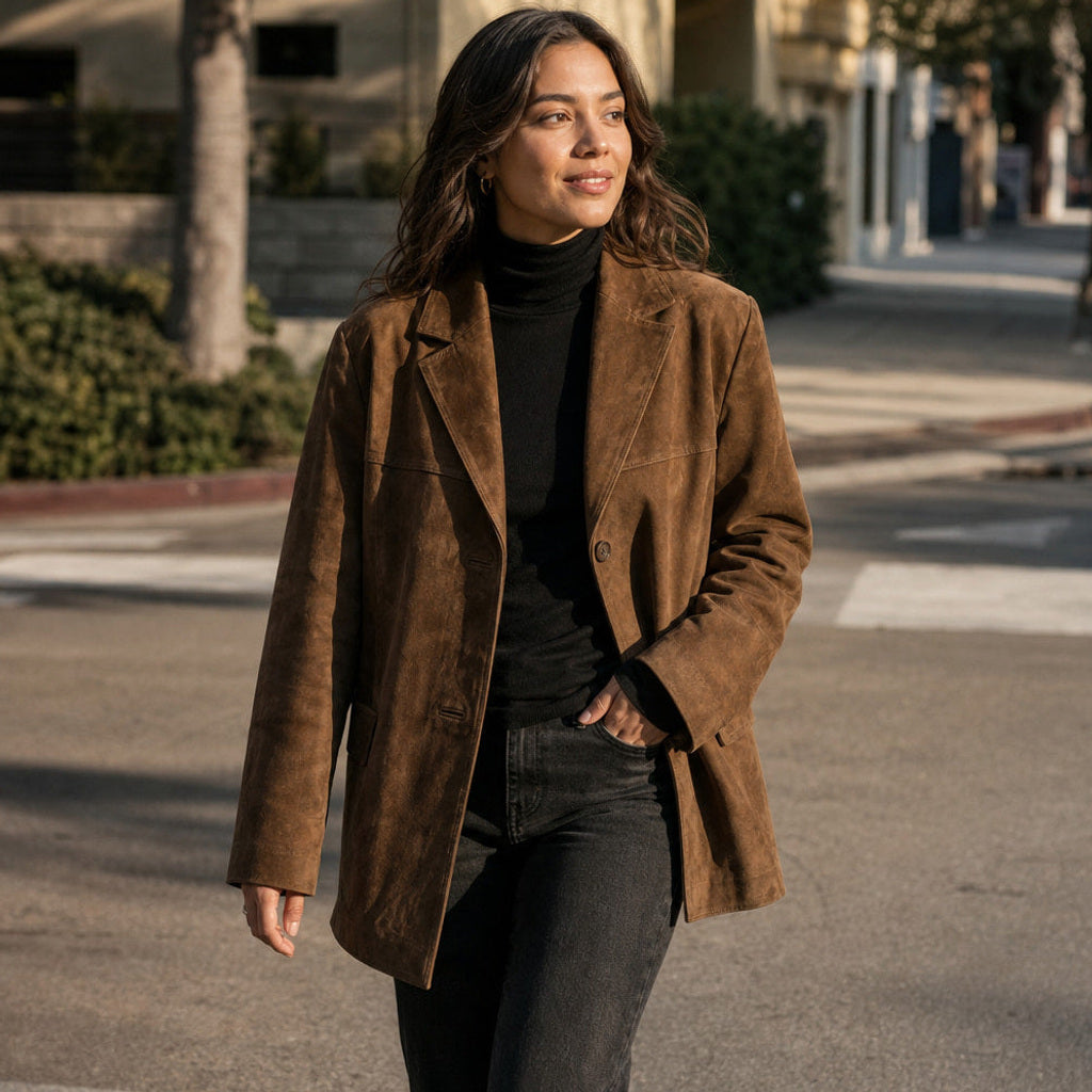 Leokade | Kurzer Trenchcoat mit breitem Revers Braun Braun – Gestyltes Editorial-Foto