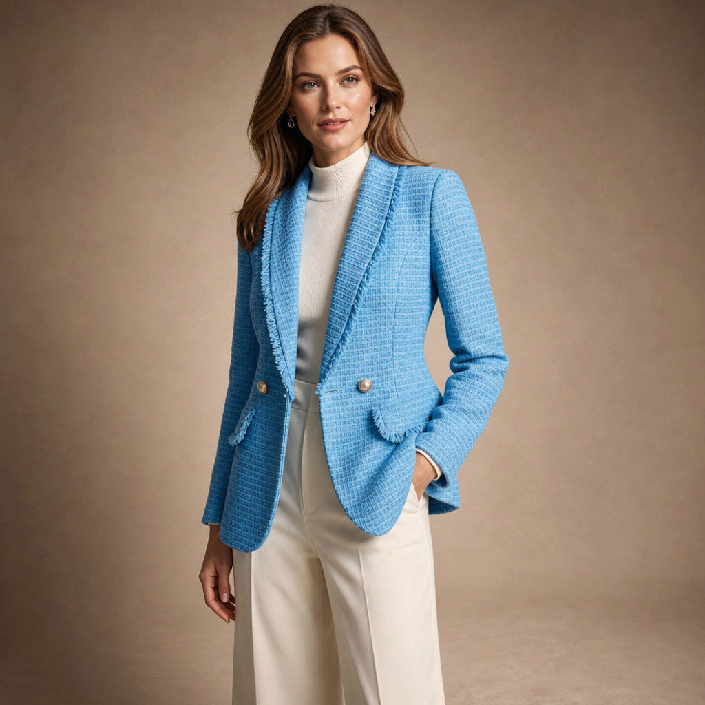 Leonore | Taillierter Blazer aus Bouclé mit Zweireiher-Front Iris Blue – Seitenansicht