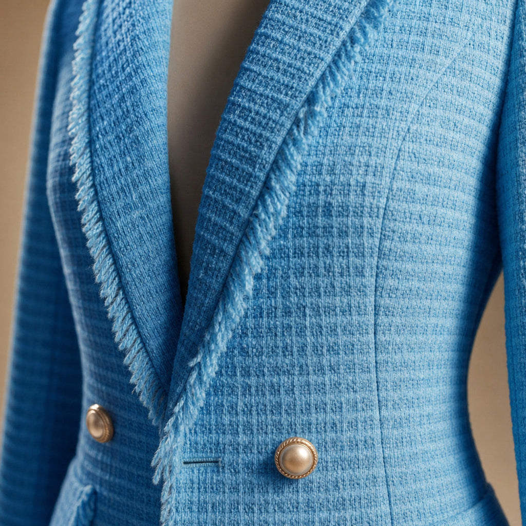 Leonore | Taillierter Blazer aus Bouclé mit Zweireiher-Front Iris Blue – Stoff- und Detailaufnahme