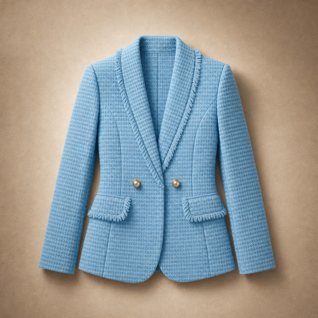 Leonore | Taillierter Blazer aus Bouclé mit Zweireiher-Front Iris Blue – Flatlay-Produktfoto