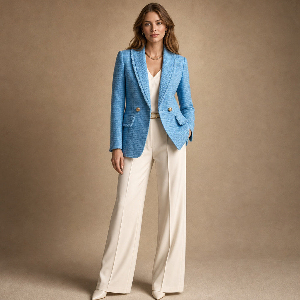 Leonore | Taillierter Blazer aus Bouclé mit Zweireiher-Front Iris Blue – Gesamtlook