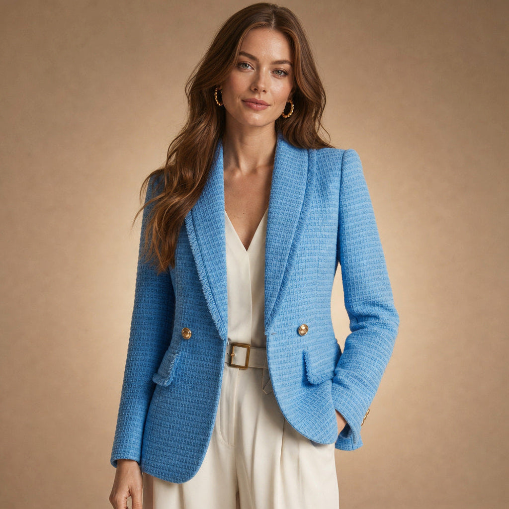 Leonore | Taillierter Blazer aus Bouclé mit Zweireiher-Front Iris Blue – Produktfoto