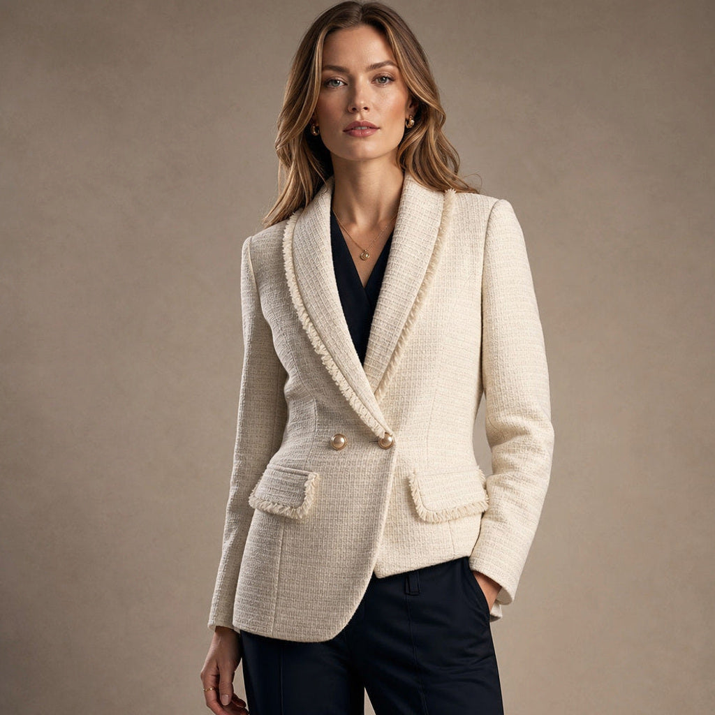Leonore | Taillierter Blazer aus Bouclé mit Zweireiher-Front in Pearl White – Premium Editorial