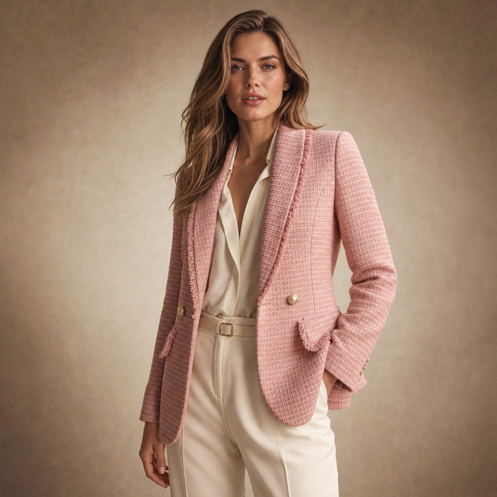 Leonore | Taillierter Blazer aus Bouclé mit Zweireiher-Front Rosa – Produktfoto