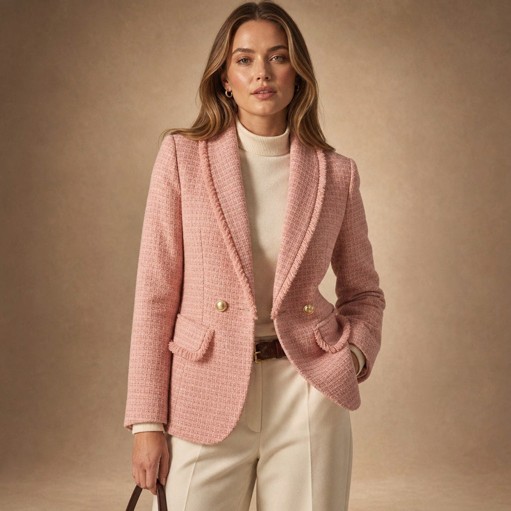 Leonore | Taillierter Blazer aus Bouclé mit Zweireiher-Front in Rosa – Premium Editorial