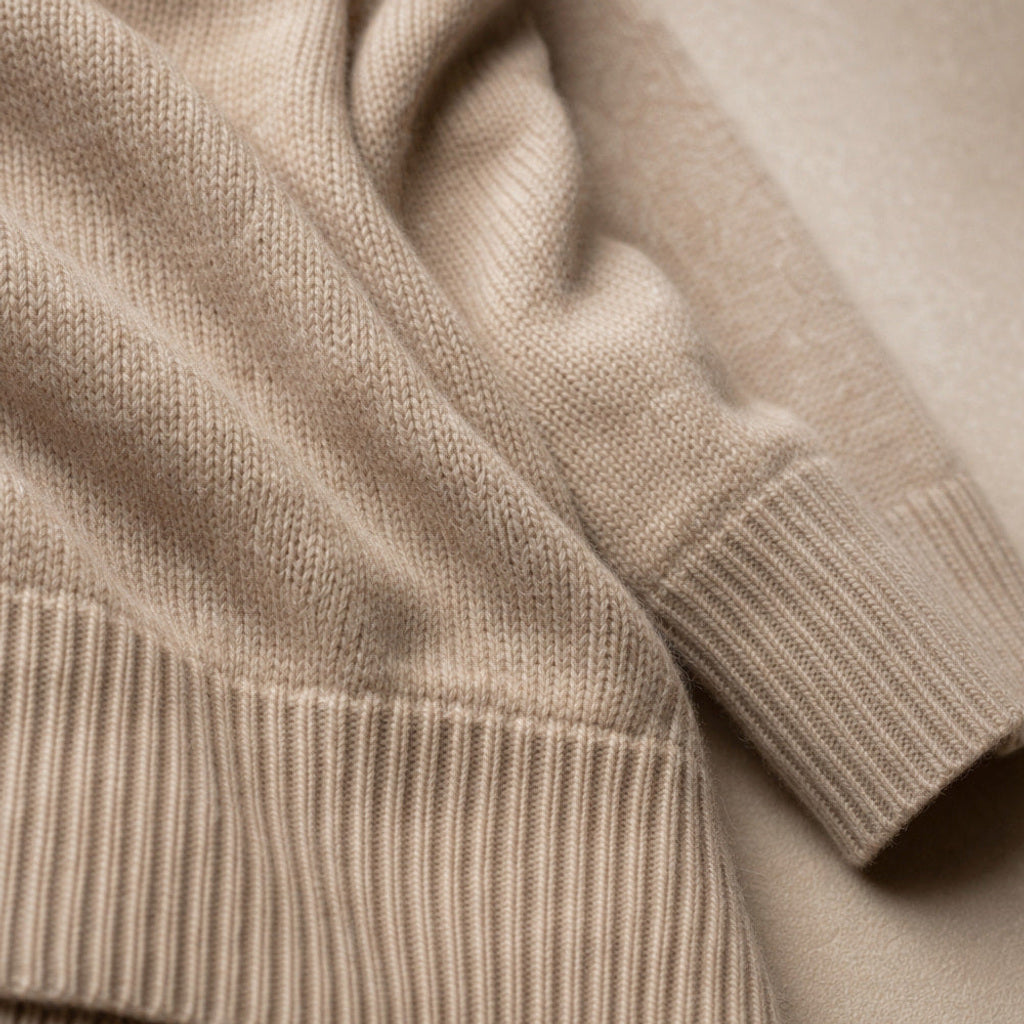 Lieschen | Wickelpullover aus Wollmischung mit langer Form Beige – Stoff- und Detailaufnahme