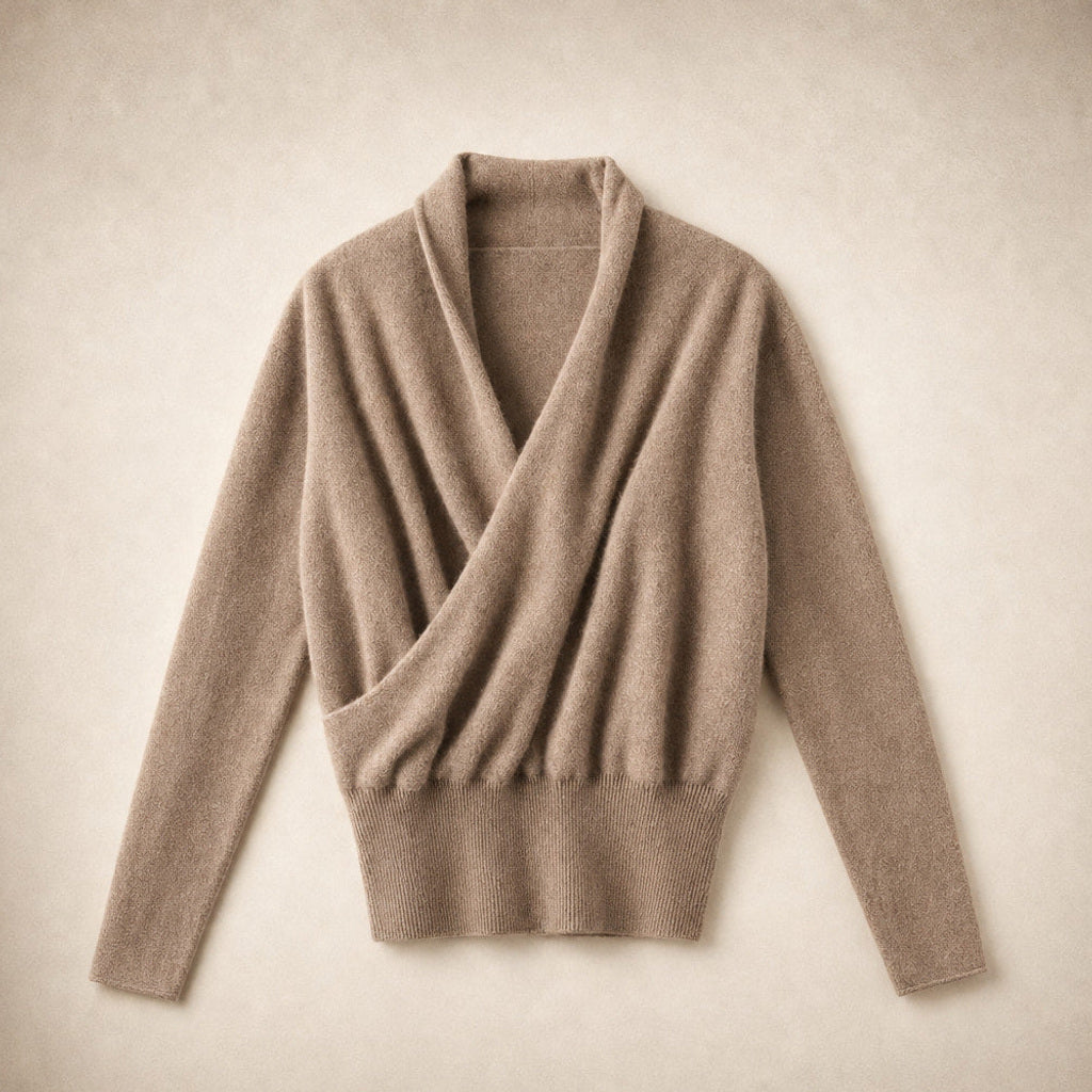 Lieschen | Wickelpullover aus Wollmischung mit langer Form Mokka – Produktfoto