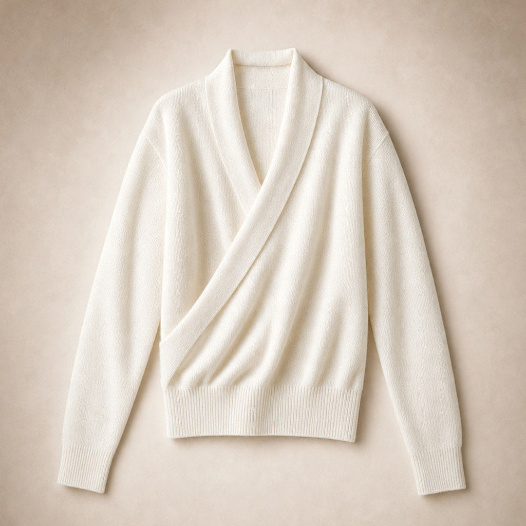 Lieschen | Wickelpullover aus Wollmischung mit langer Form Weiß – Produktfoto