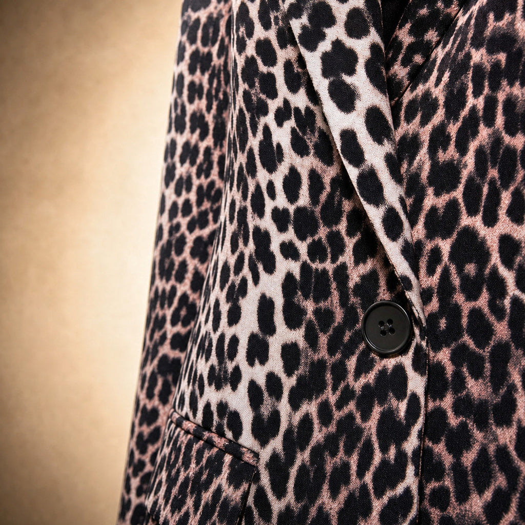 Lieselinde | Blazer Schwarz mit Leopardenmuster Schwarz – Stoff- und Detailaufnahme
