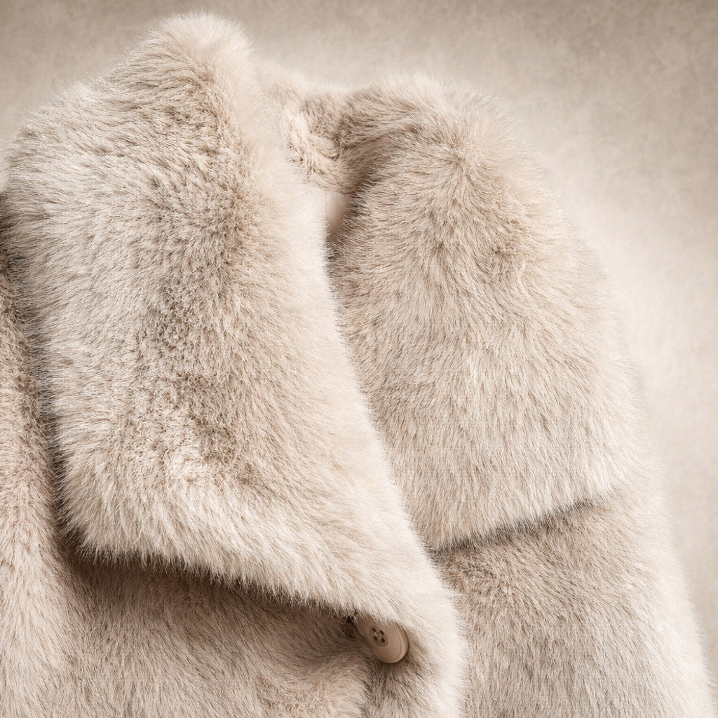 Liestraud | Kunstfelljacke mit XL-Revers Beige – Stoff- und Detailaufnahme