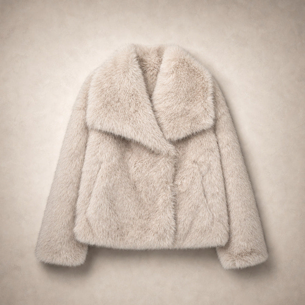 Liestraud | Kunstfelljacke mit XL-Revers Beige – Flatlay-Produktfoto