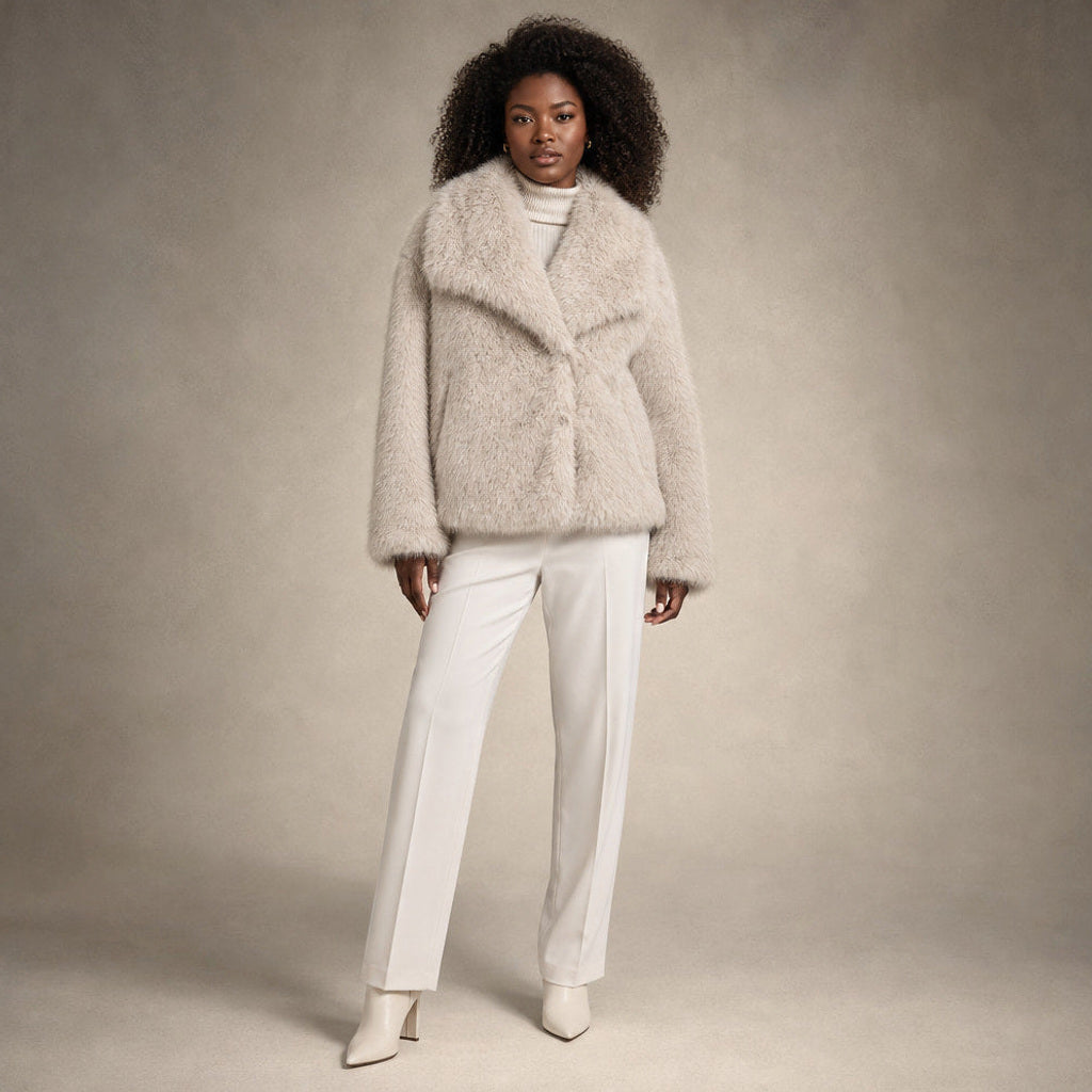 Liestraud | Kunstfelljacke mit XL-Revers in Beige – Premium Editorial