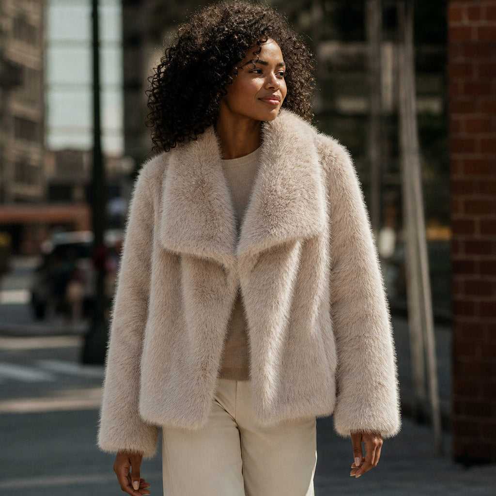 Liestraud | Kunstfelljacke mit XL-Revers Beige – Gestyltes Editorial-Foto
