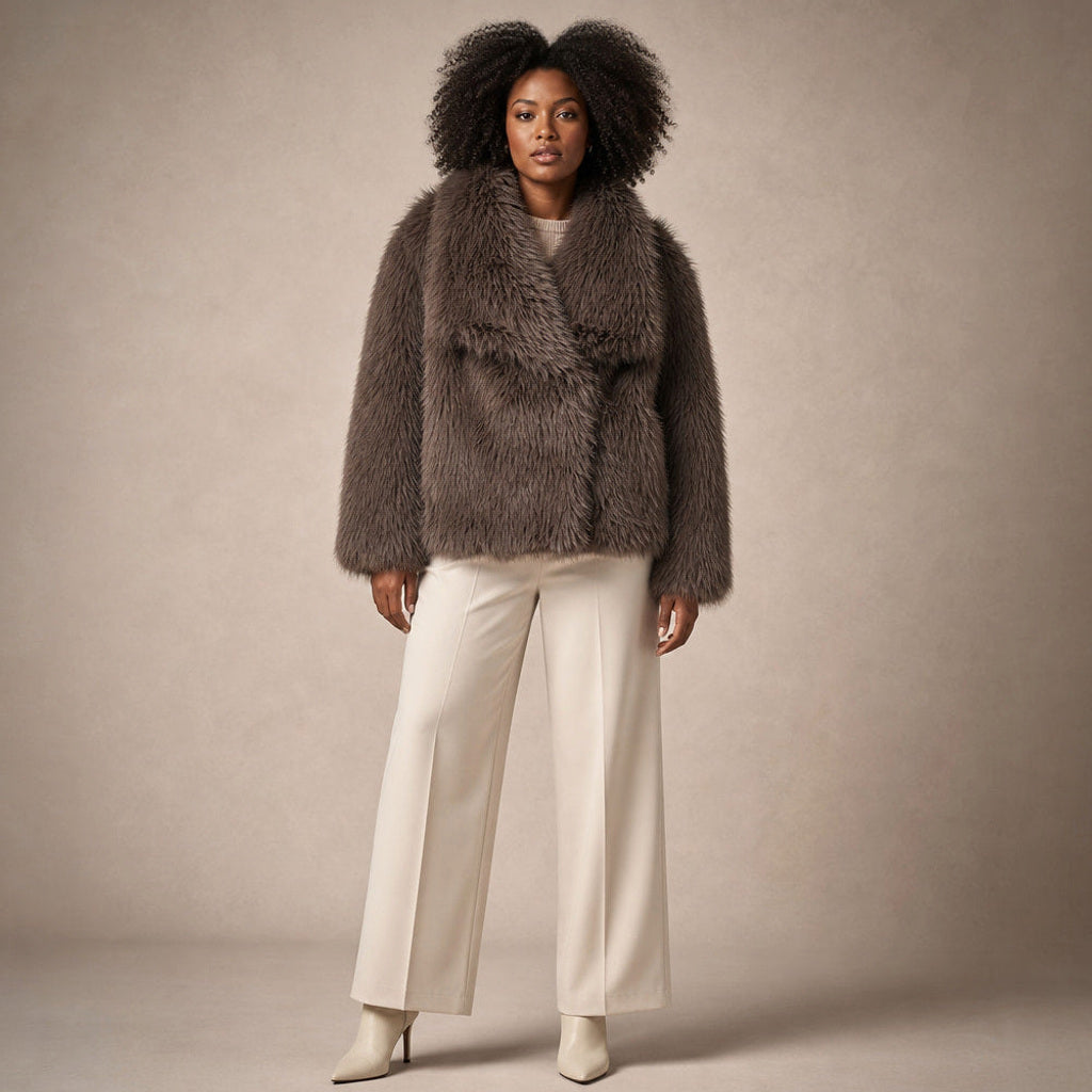 Liestraud | Kunstfelljacke mit XL-Revers in Braun – Premium Editorial