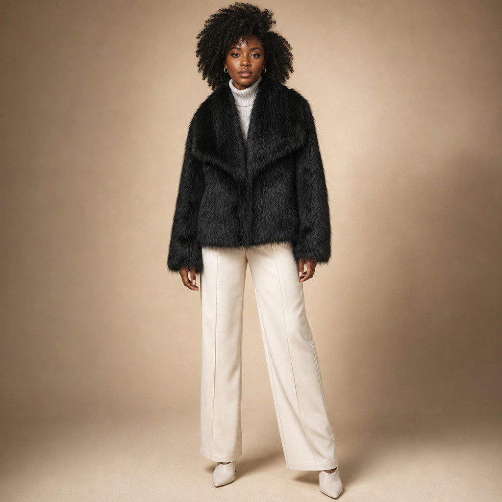 Liestraud | Kunstfelljacke mit XL-Revers in Schwarz – Premium Editorial