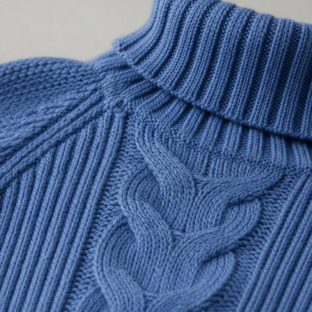 Lindlinde | Zopfstrickpullover mit Rundhals und Rippbündchen Blau – Stoff- und Detailaufnahme
