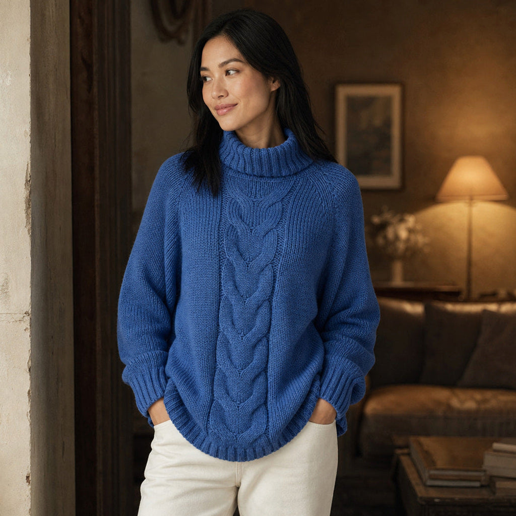 Lindlinde | Zopfstrickpullover mit Rundhals und Rippbündchen Blau – Gestyltes Editorial-Foto