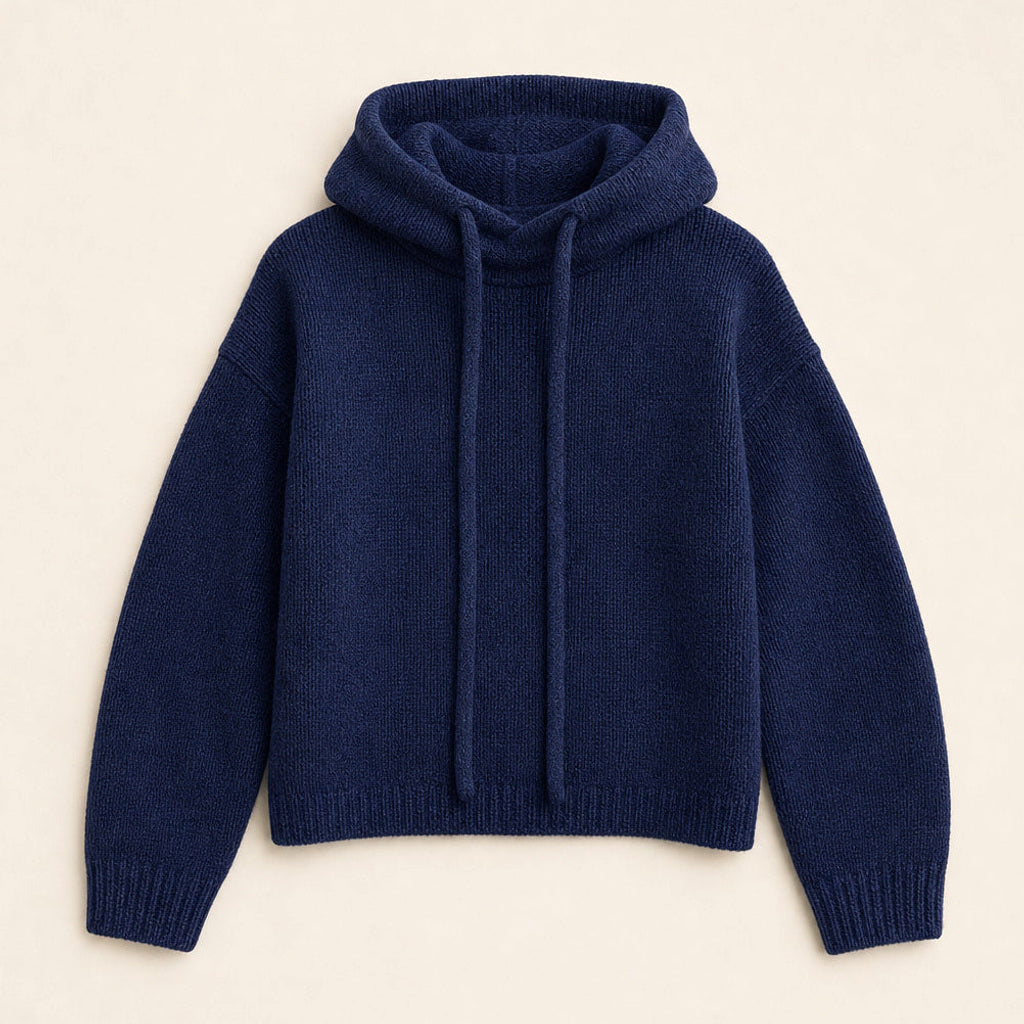 Linnea | Strickpullover mit Kapuze und Rippbündchen Dunkelblau – Produktfoto