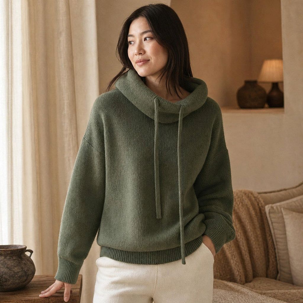 Linnea | Strickpullover mit Kapuze und Rippbündchen Grün – Gestyltes Editorial-Foto