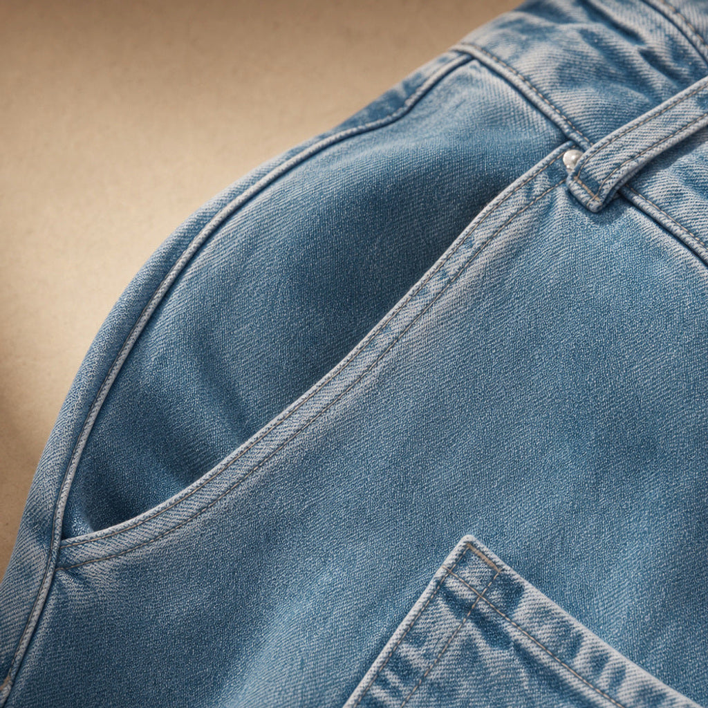 Lioba | Jeansjacke mit Knopfleiste und geradem Schnitt Himmelblau – Stoff- und Detailaufnahme