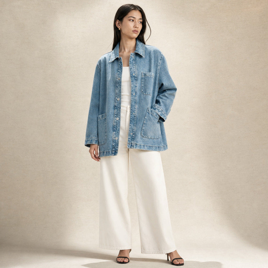 Lioba | Jeansjacke mit Knopfleiste und geradem Schnitt in Himmelblau – Premium Editorial