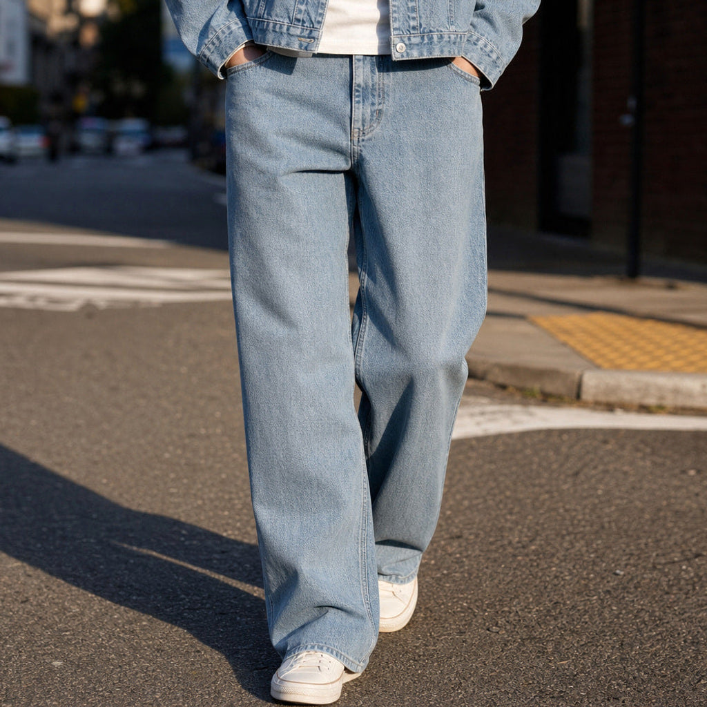 Lioba | Jeansjacke mit Knopfleiste und geradem Schnitt Himmelblau – Gestyltes Editorial-Foto