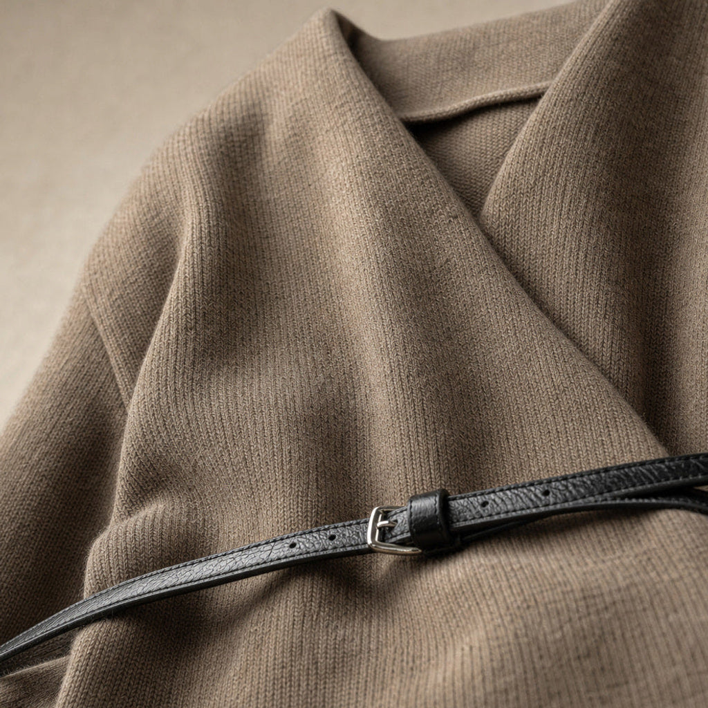 Liutgard | Wickelpullover mit Gürtel Khaki Khaki – Stoff- und Detailaufnahme
