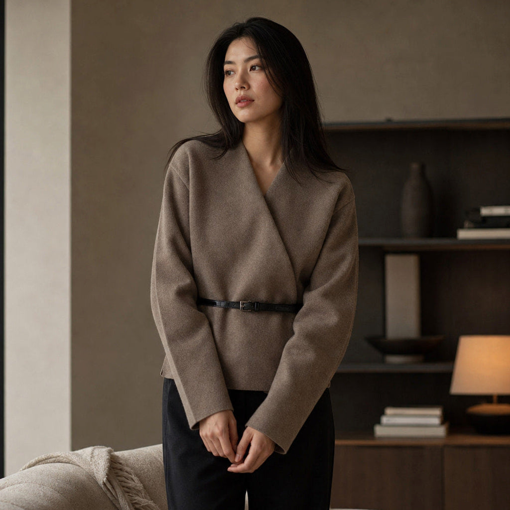 Liutgard | Wickelpullover mit Gürtel Khaki Khaki – Gestyltes Editorial-Foto