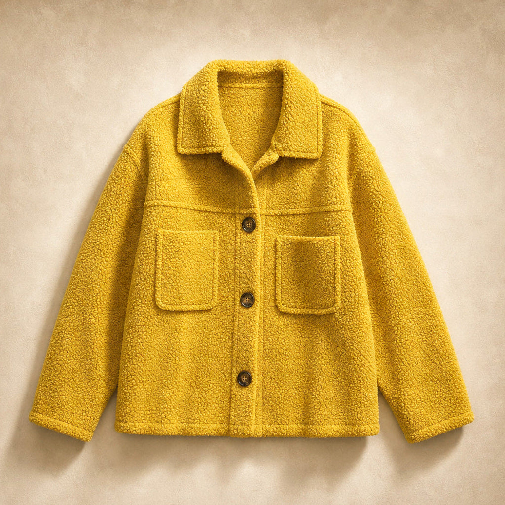 Lorelei | Strickjacke mit Teddyflor und Knopfleiste Gelb – Produktfoto