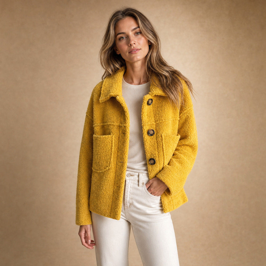 Lorelei | Strickjacke mit Teddyflor und Knopfleiste in Gelb – Premium Editorial