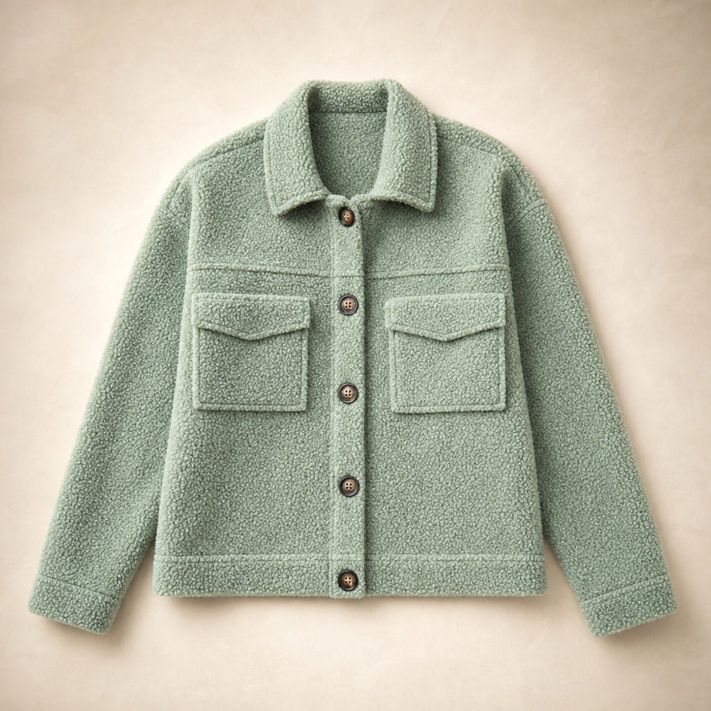 Lorelei | Strickjacke mit Teddyflor und Knopfleiste Grün – Produktfoto