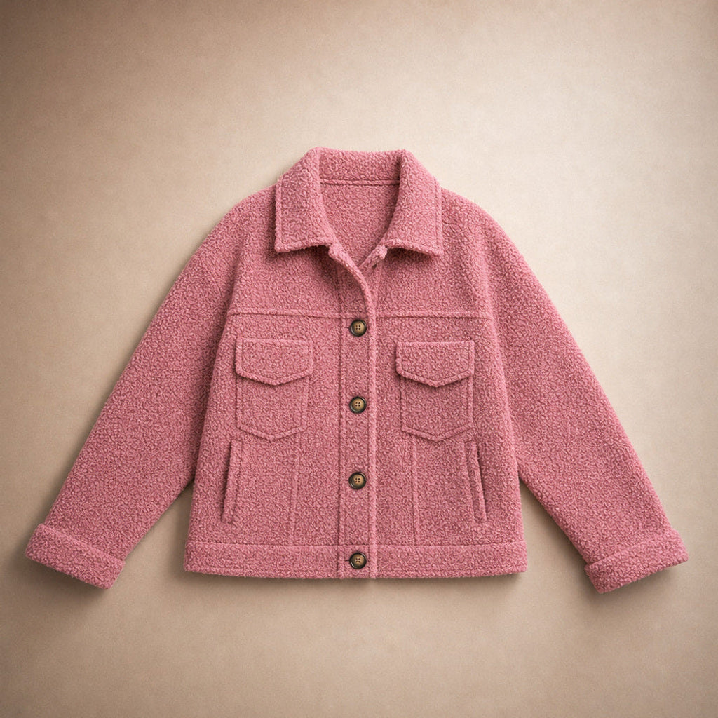 Lorelei | Strickjacke mit Teddyflor und Knopfleiste Pink – Produktfoto