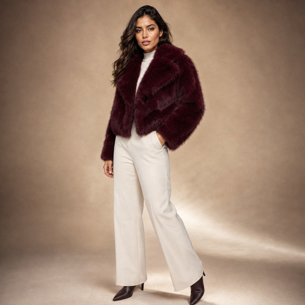 Lorinde | Kurzmantel aus Kunstfell mit Reverskragen Weinrot Weinrot – Seitenansicht