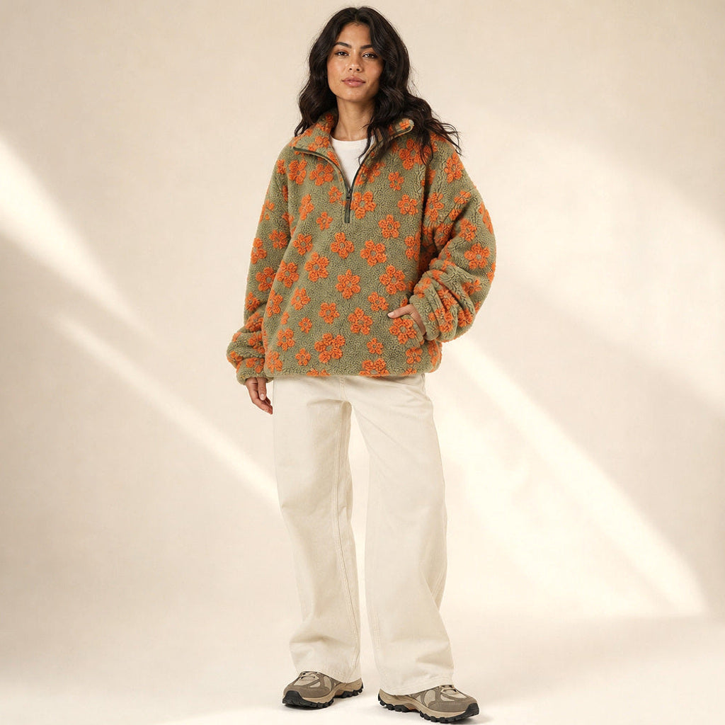 Lottchen | Sherpa-Pullover mit Blumenmuster Orange – Seitenansicht