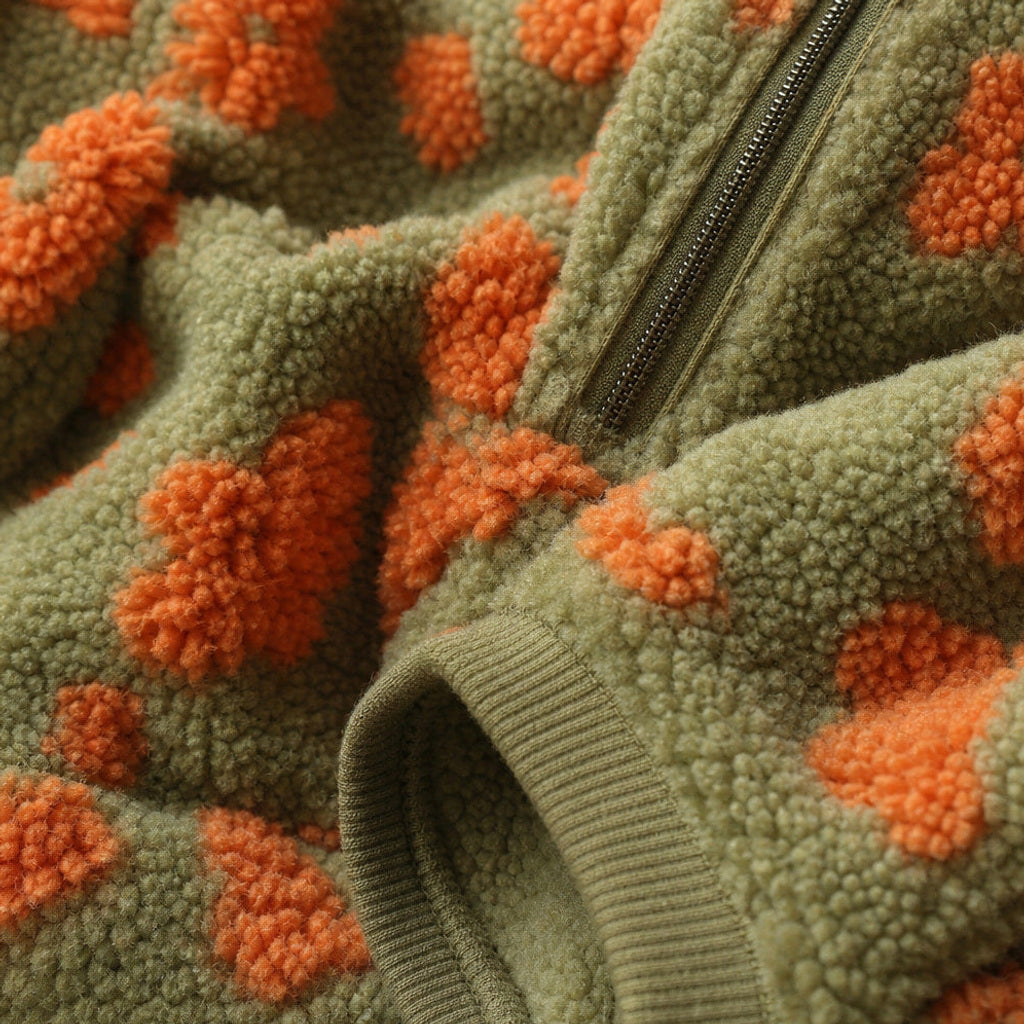 Lottchen | Sherpa-Pullover mit Blumenmuster Orange – Stoff- und Detailaufnahme